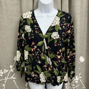 West Kei Floral Woven Wrap Blouse w/ Tie Navy S Small